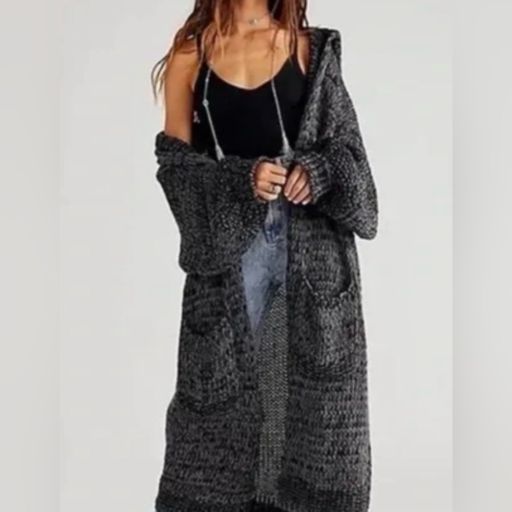 Free People Charcoal Gray Chunky Knit Long Cardigan